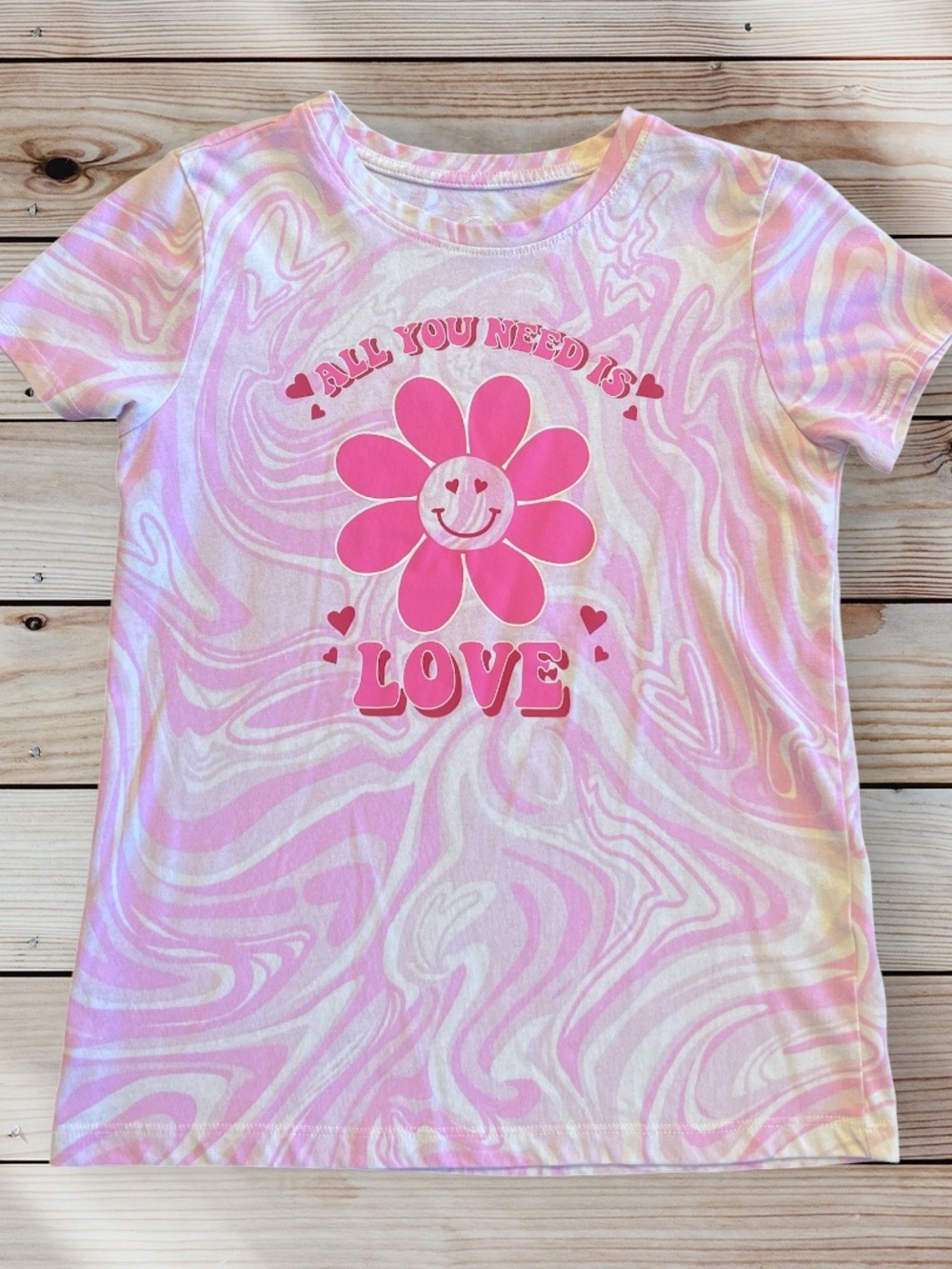 10-12 Large Pink Tie Dye Graphic Tee T-Shirt All You Need Is Love Girls Flower